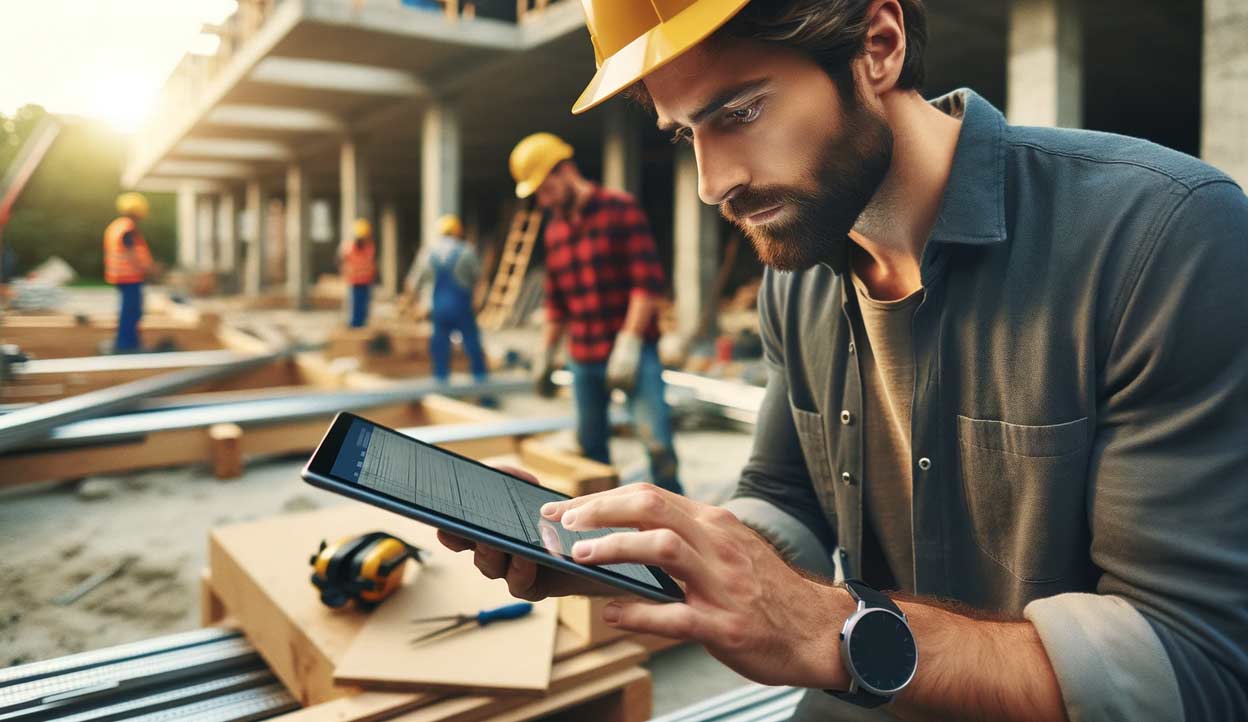 un artisan analyse attentivement un devis sur une tablette électronique, en se tenant debout sur un chantier. L'arrière-plan flou montre l'activité du chantier avec d'autres ouvriers en train de travailler