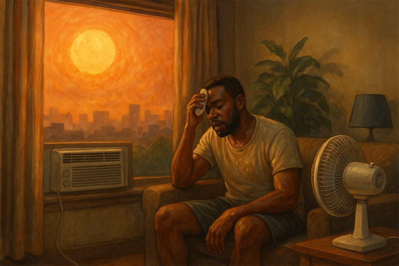 illustration d'un homme assis dans son salon et harassé par la chaleur