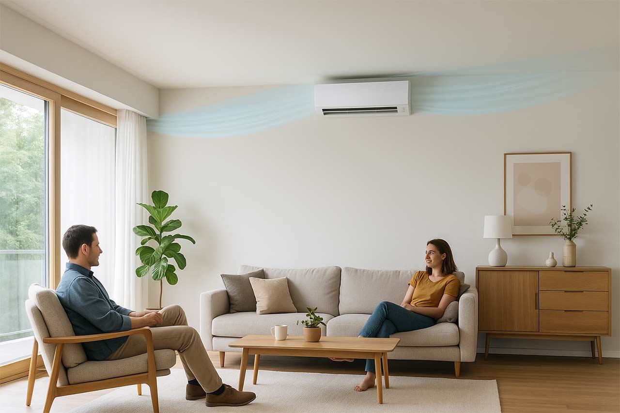 Salon moderne lumineux, split mural en haut d’un mur long, volets orientés vers le plafond, flux d’air bleu doux glissant sous le plafond (effet Coanda), personnes assises confortablement