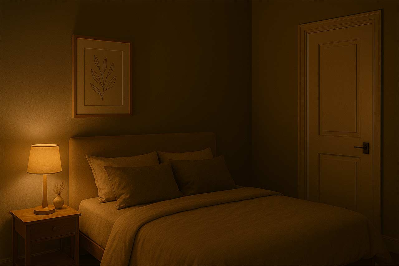 Chambre apaisante, lit double, split posé haut au-dessus de la porte, volets dirigés vers le plafond, vitesse faible, ambiance nuit douce