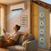 alt="Femme profitant d’un salon climatisé avec isolation apparente pendant une canicule