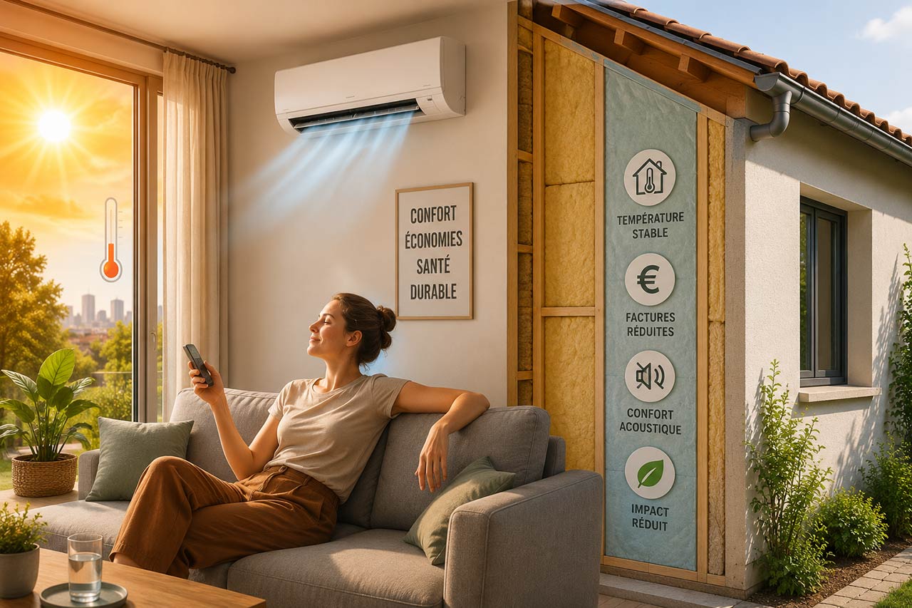 alt="Femme profitant d’un salon climatisé avec isolation apparente pendant une canicule