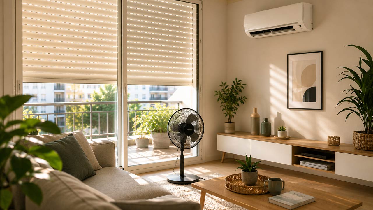 Un salon frais montre des stores baissés, un ventilateur discret et une clim murale sobre