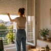 Une femme ferme des volets extérieurs au lever du soleil pour garder un appartement au frais.