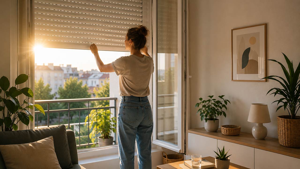 Une femme ferme des volets extérieurs au lever du soleil pour garder un appartement au frais.