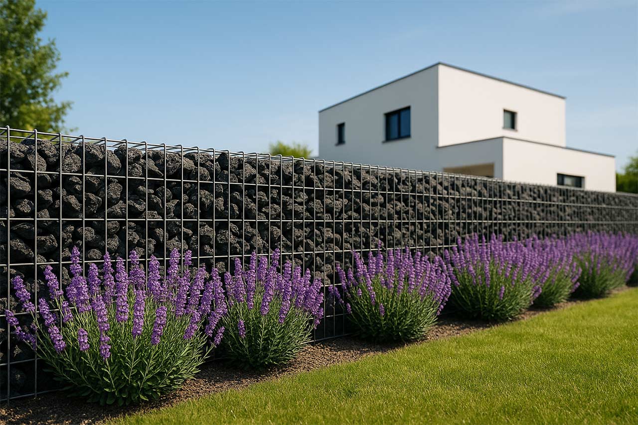 Mur de gabion garni de roches sombres bordé de lavandes violettes, séparant une pelouse parfaitement tondue d’une maison blanche contemporaine, avec haie verte et arbre en arrière-plan sous un ciel ensoleillé.