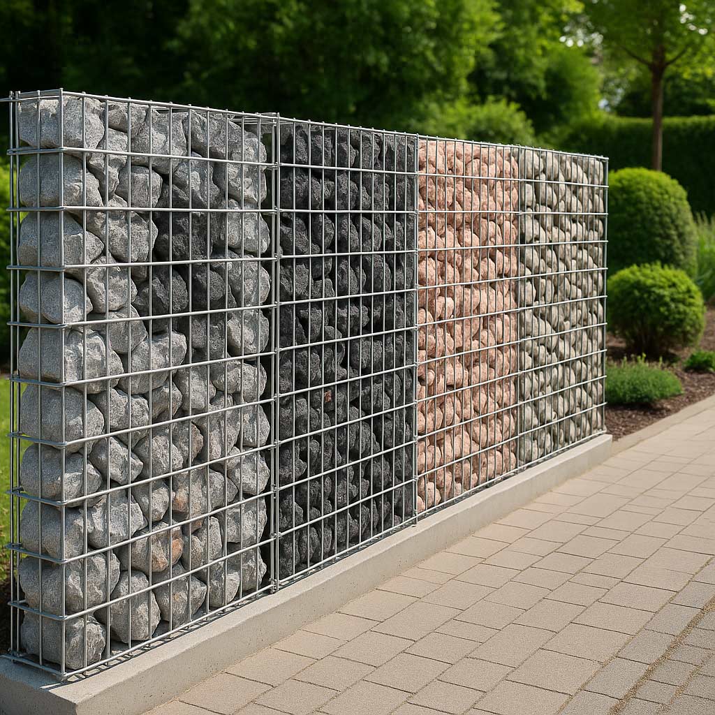 Mur en gabion composé de quatre types de pierres : granit gris, basalte noir, quartz rose et galets roulés, bordant un jardin paysagé avec allée pavée.