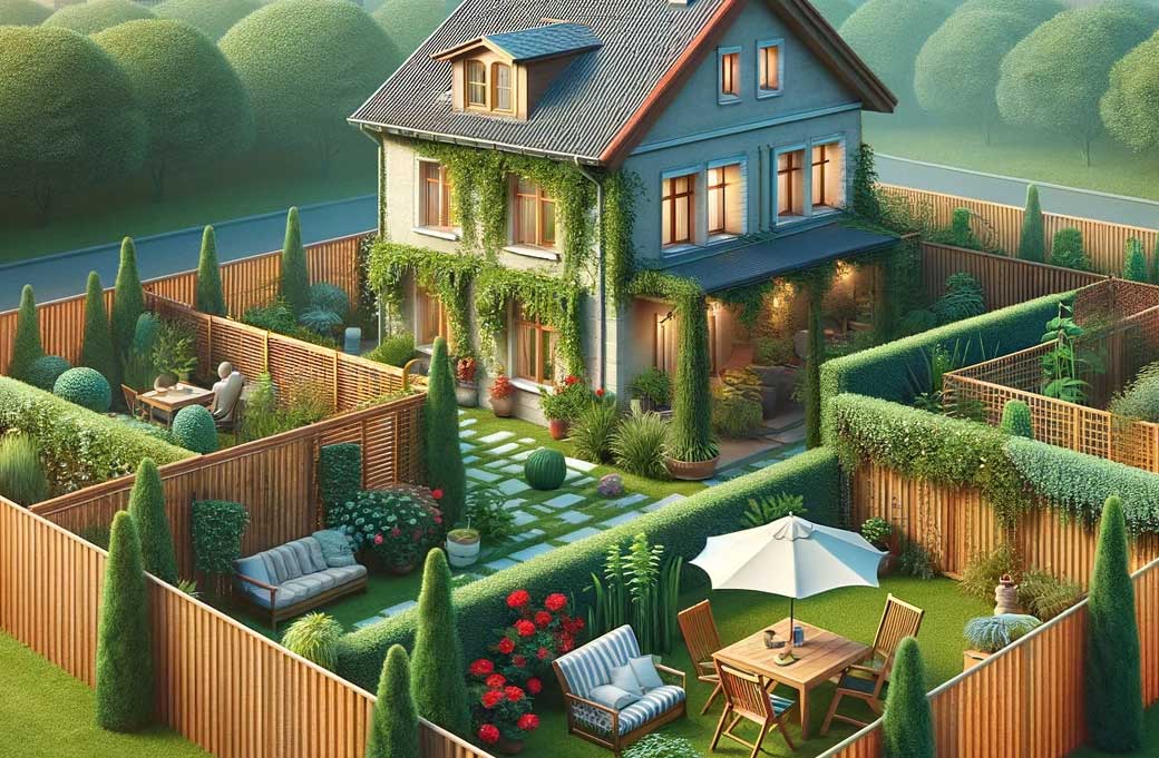 maison avec un jardin bien aménagé, incluant des haies hautes, des clôtures, et des écrans de jardin, créant une barrière visuelle et sonore. Cette scène suggère des solutions pour améliorer l'intimité et réduire les interactions conflictuelles