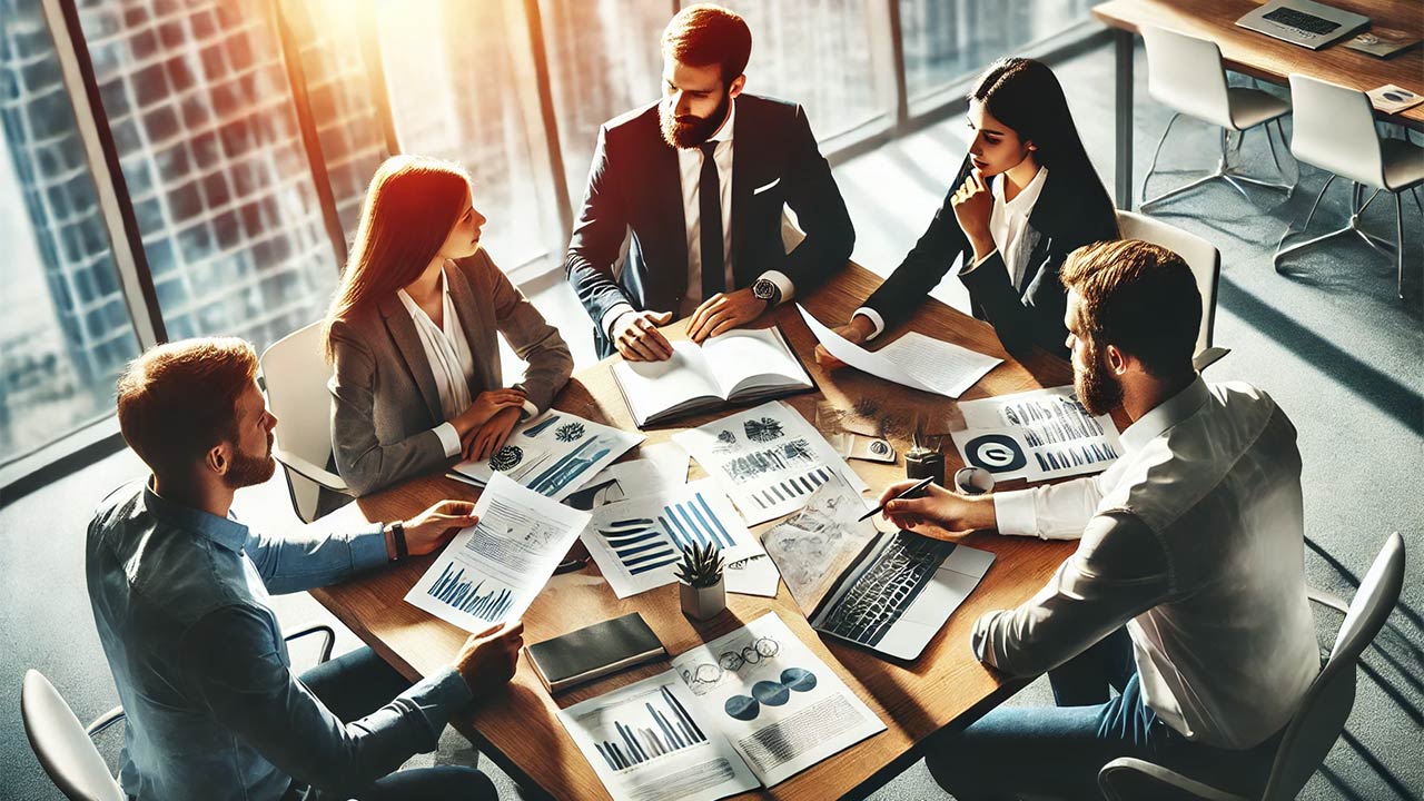 bureau d'entreprise moderne avec des employés discutant autour d'une table, symbolisant la mise en place d'une complémentaire santé d'entreprise. Une ambiance professionnelle et collaborative, avec des documents et graphiques visibles sur la table