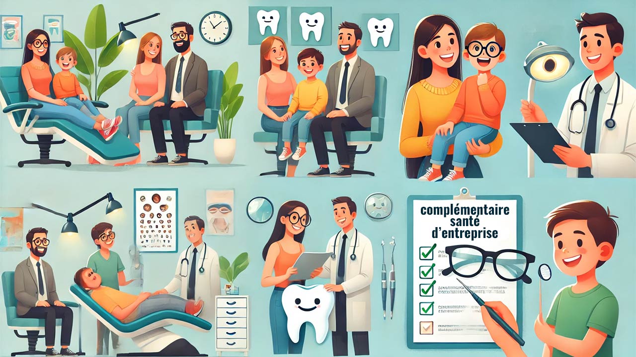 illustration symbolisant la complémentaire santé d'entreprise avec des employés satisfaits avec leur famille, des documents de couverture santé, et des scènes de bien-être : un enfant chez le dentiste, des lunettes neuves, ou un accès simplifié à un médecin
