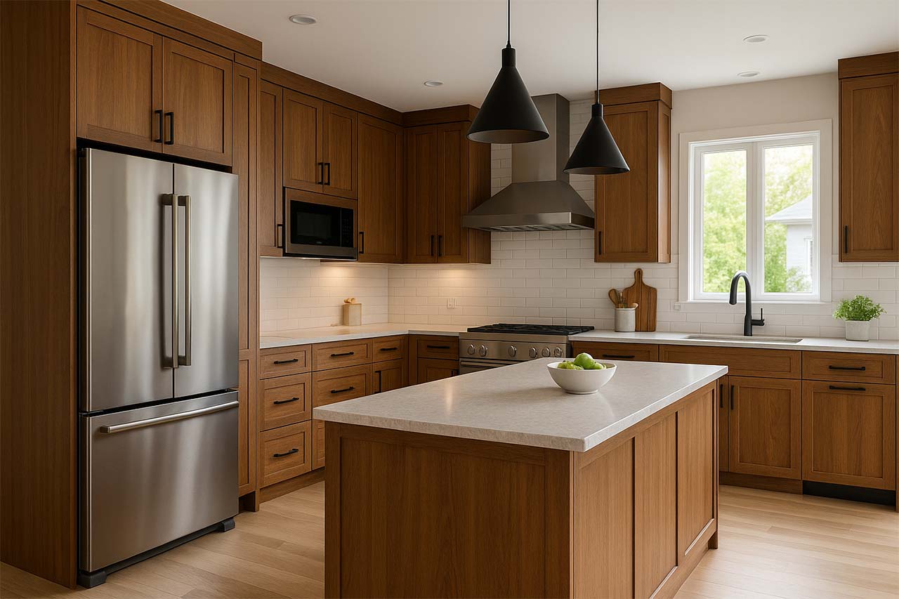  Une cuisine moderne mêlant esthétique et fonctionnalité, avec des placards en bois sur mesure, un îlot central et des appareils électroménagers en inox