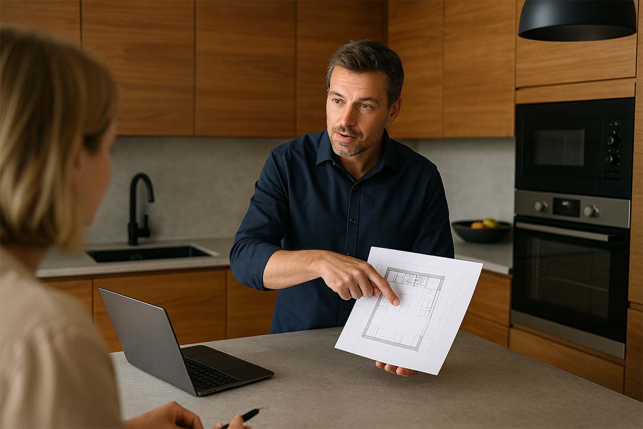 photo d'un designer de cuisine en train de conseiller une cliente