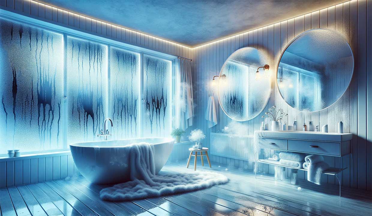 salle de bain avec de la condensation sur les miroirs et les fenêtres, symbolisant les effets de l'humidité et la condensation dans les habitations