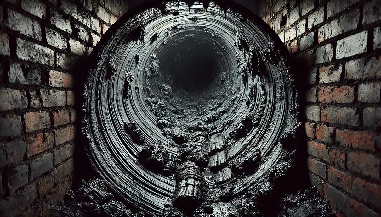  conduit de cheminée vu de l'intérieur avec des parois noircies par la créosote, représentant un résidu collant et inflammable qui s'accumule. L'image montre une substance visqueuse et épaisse qui se forme sur les parois en briques de la cheminée.