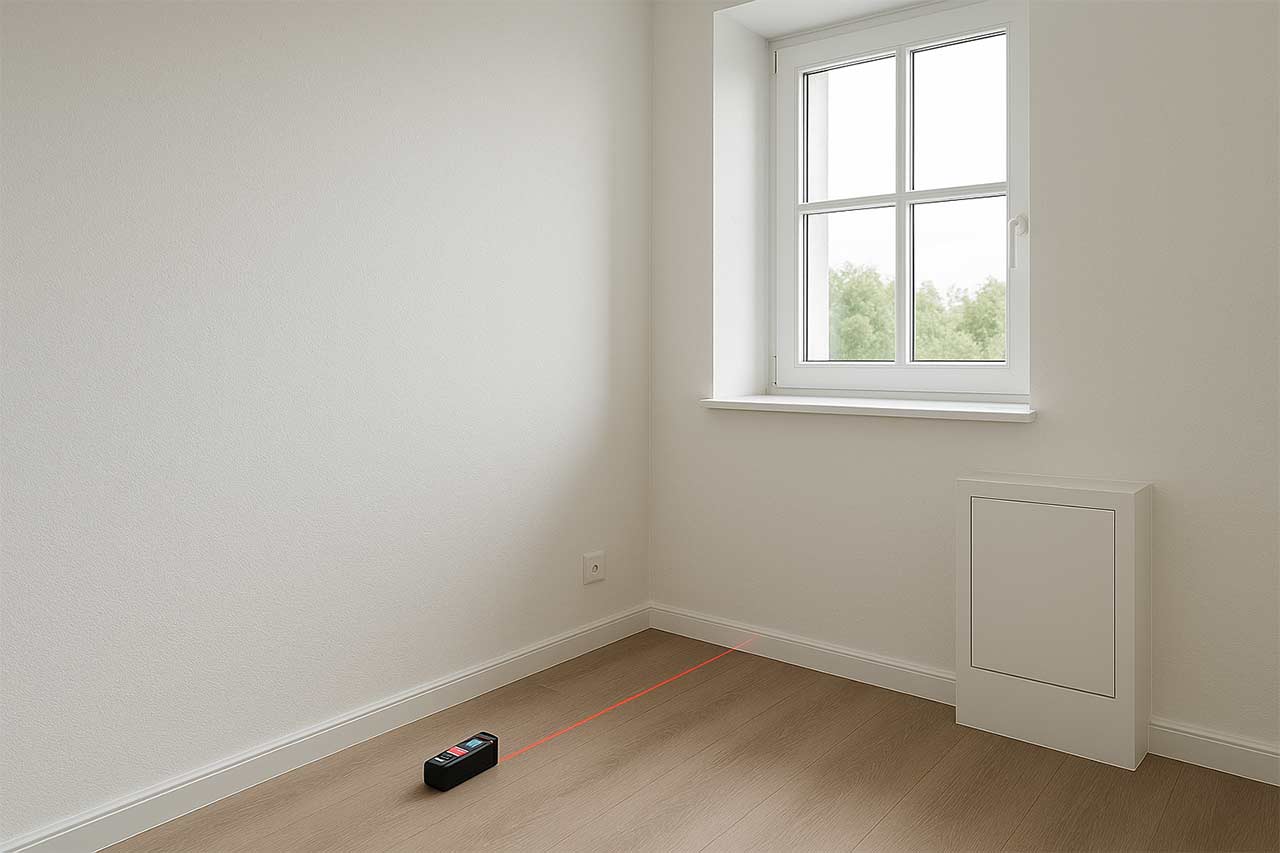 pièce de vie avec mètre laser sur le parquet