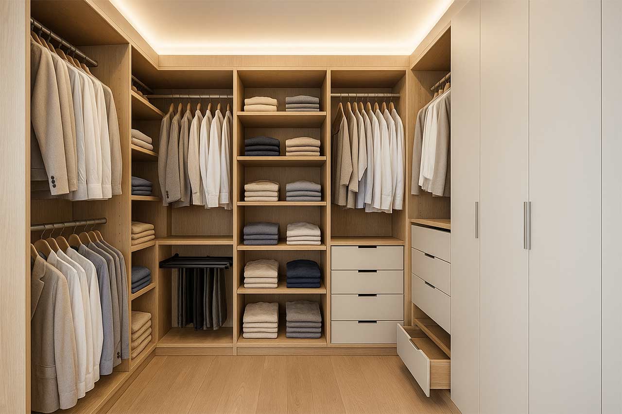 Vue en contre-plongée d’un dressing moderne en L, bois clair et façades blanches mates, tringles doubles, étagères de 45–50 cm remplies de piles soignées, allée centrale d’environ 1 m éclairée par un ruban LED au plafond, accessoires visibles (porte-pantalons, tiroirs ouverts)