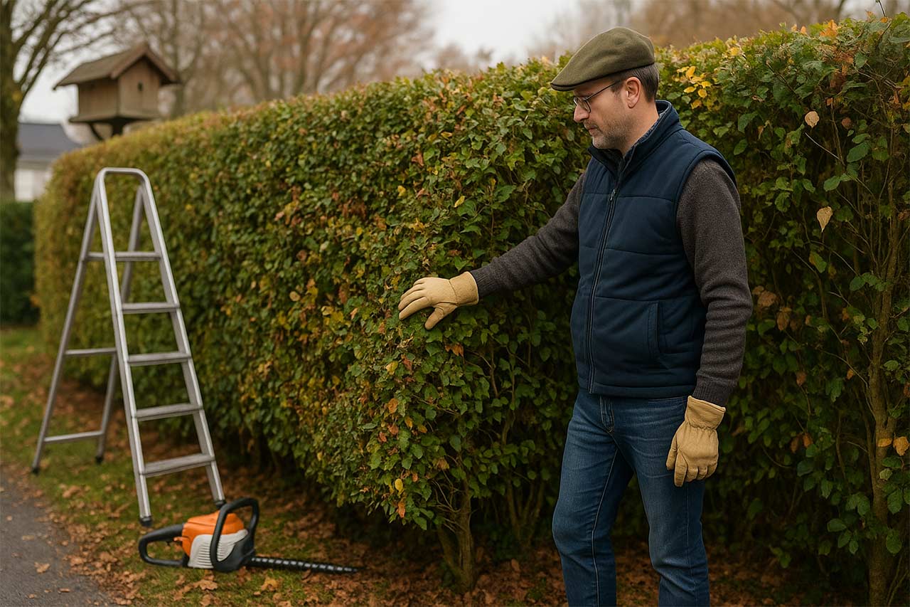 homme en train d'inspecter sa haie avec une échelle et une élagueuse à proximité