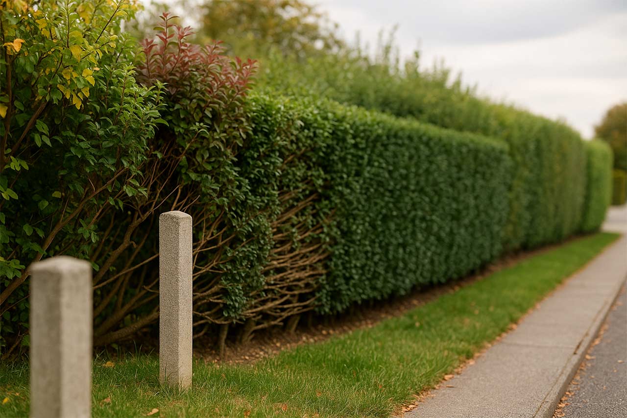 : Gros plan sur une limite de propriété avec haie mixte, piquets de bornage visibles et branches maîtrisées côté voisin, scène calme sans nuisance.