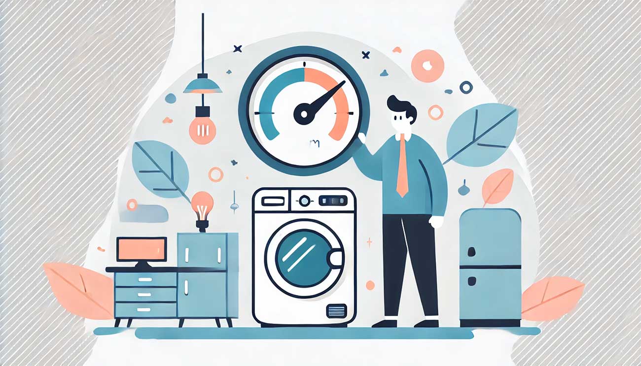 personnage mesurant la consommation d'un congélateur à l'aide d'un wattmètre. Le fond est blanc avec des formes et des lignes douces, des équipements ménagers visibles en arrière-plan,