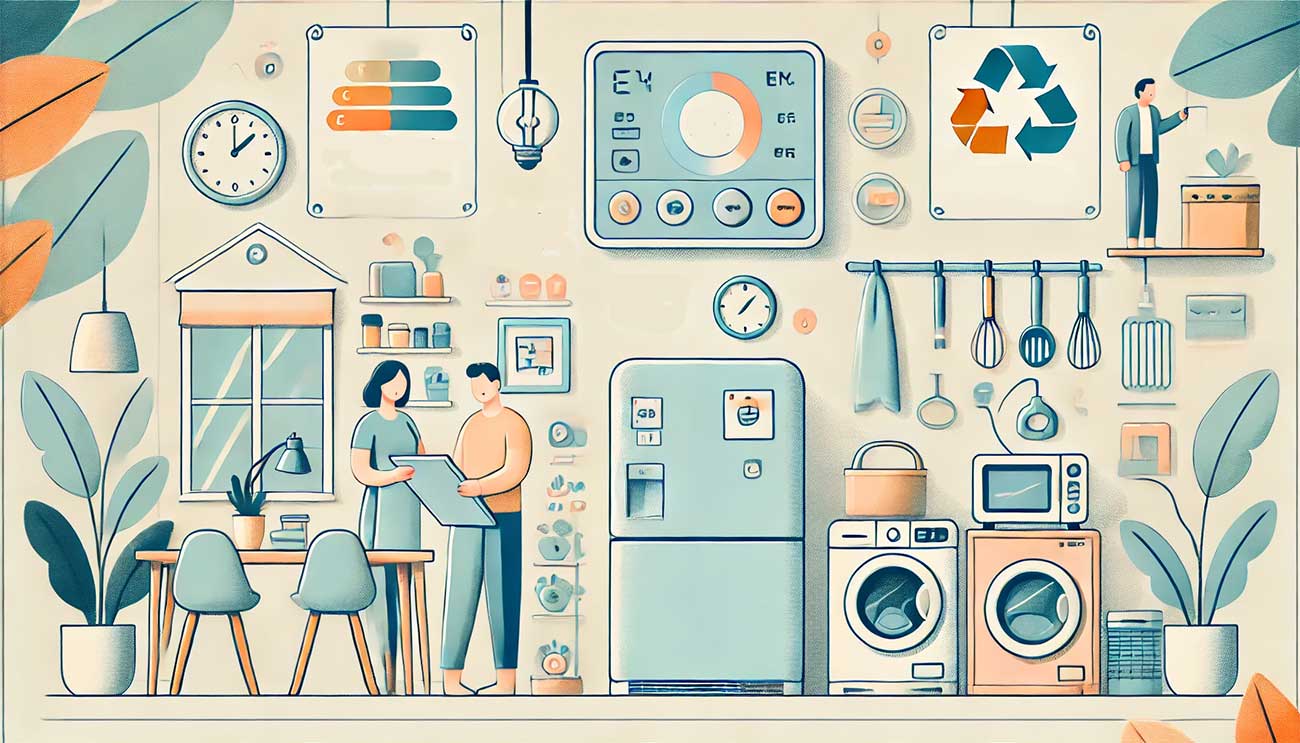illustration où des personnages analysent des appareils électriques gourmands en énergie dans une maison, avec des équipements comme réfrigérateurs et sèche-linge mis en évidence