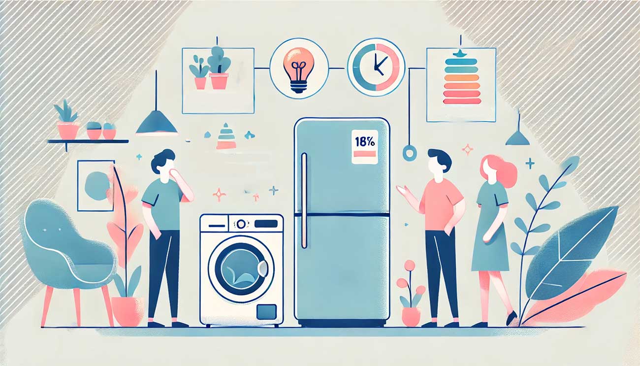scène illustrant le premier tiers du texte : un réfrigérateur, un congélateur et un sèche-linge avec des étiquettes indiquant leur consommation énergétique, entourés de personnages stylisés regardant les appareils avec curiosité dans un décor minimaliste, sur fond blanc.