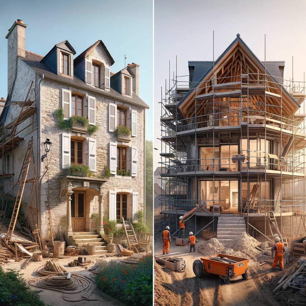 image représentant le dilemme entre la rénovation et la reconstruction d'une maison. Cela illustre les deux options : une maison traditionnelle française en cours de rénovation et une maison moderne et écologique en construction.