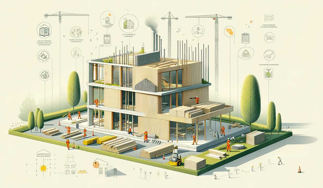  bâtiment en cours de construction, avec des matériaux durables et peu de plastique
