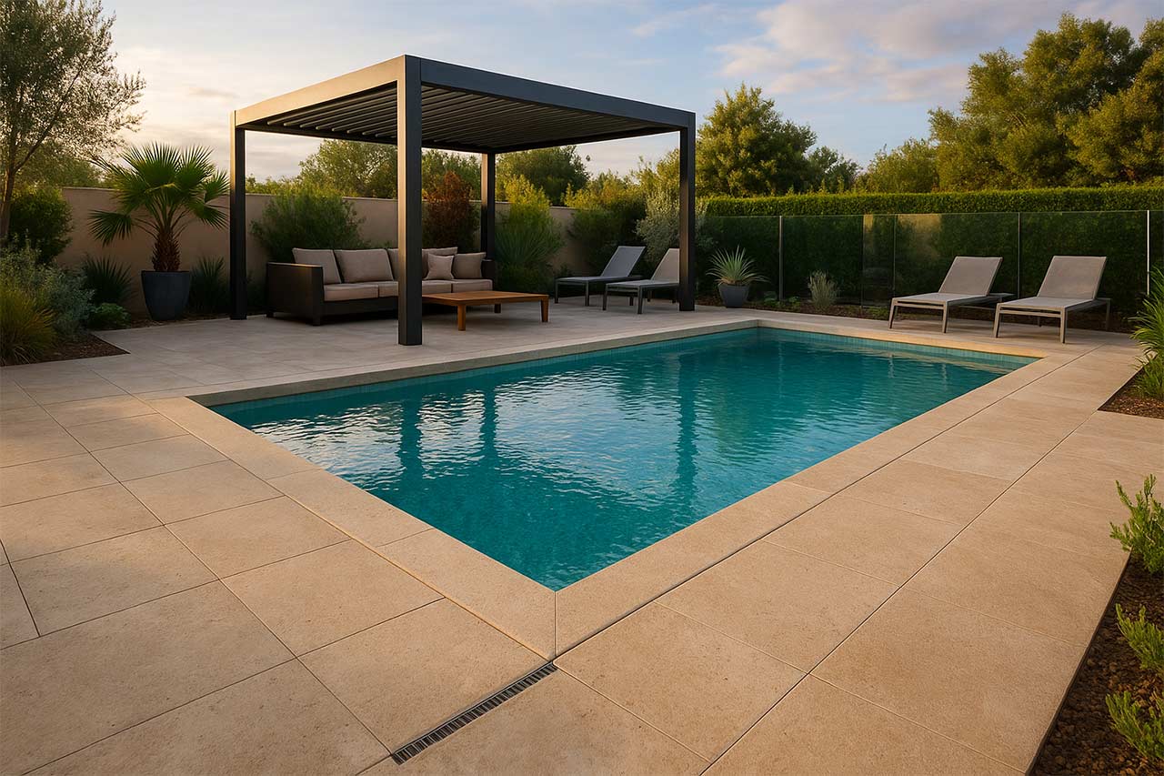 Vue en soirée d’une piscine entourée de travertin, avec pergola, chaises longues et jardin paysagé, lumière dorée du coucher de soleil