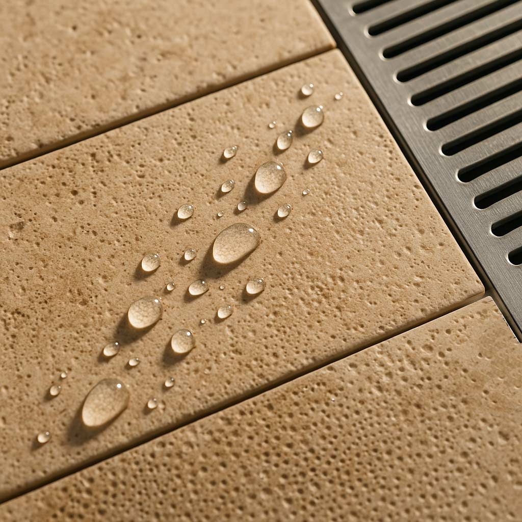 Gros plan de dalles en travertin texturé avec gouttes d’eau et grille de drainage en inox