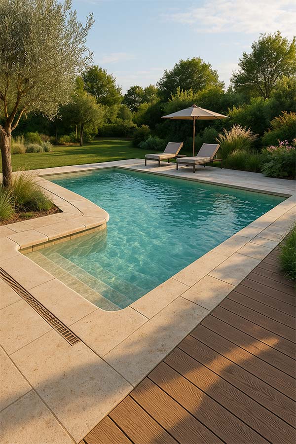 Piscine rectangulaire avec margelles en travertin, platelage composite, caniveau linéaire discret et végétation méditerranéenne sous une lumière de fin de journée.