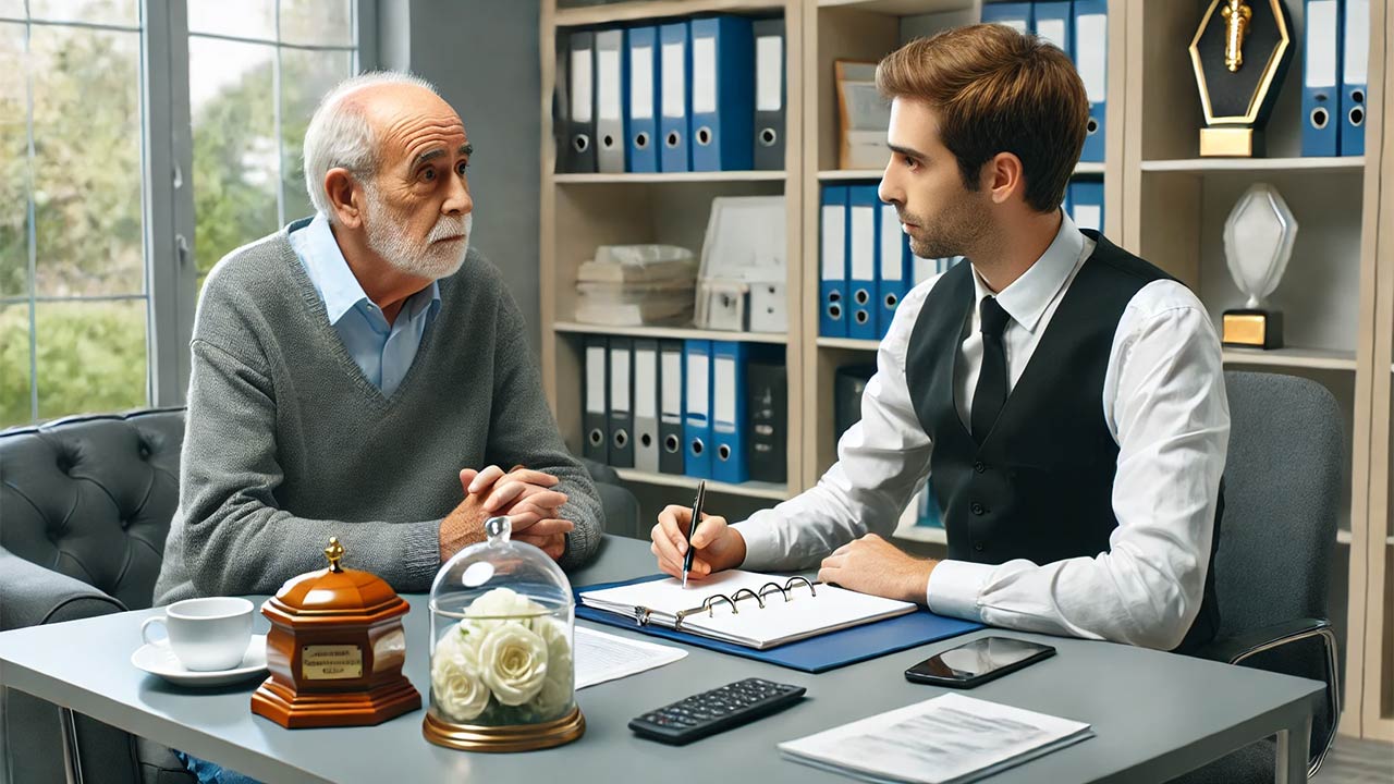 personne âgée assise dans un bureau de conseiller funéraire, discutant des détails d’une convention obsèques avec un agent, mettant en avant le choix et la personnalisation des services.