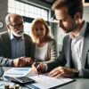 bureau d'assurance avec un conseiller parlant à un couple âgé. Ils examinent un contrat avec des graphiques et des chiffres visibles sur la table, dans un environnement professionnel et lumineux.