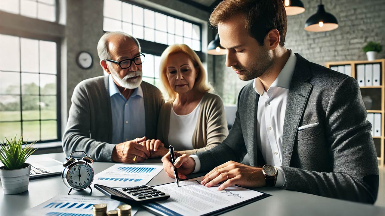 bureau d'assurance avec un conseiller parlant à un couple âgé. Ils examinent un contrat avec des graphiques et des chiffres visibles sur la table, dans un environnement professionnel et lumineux.