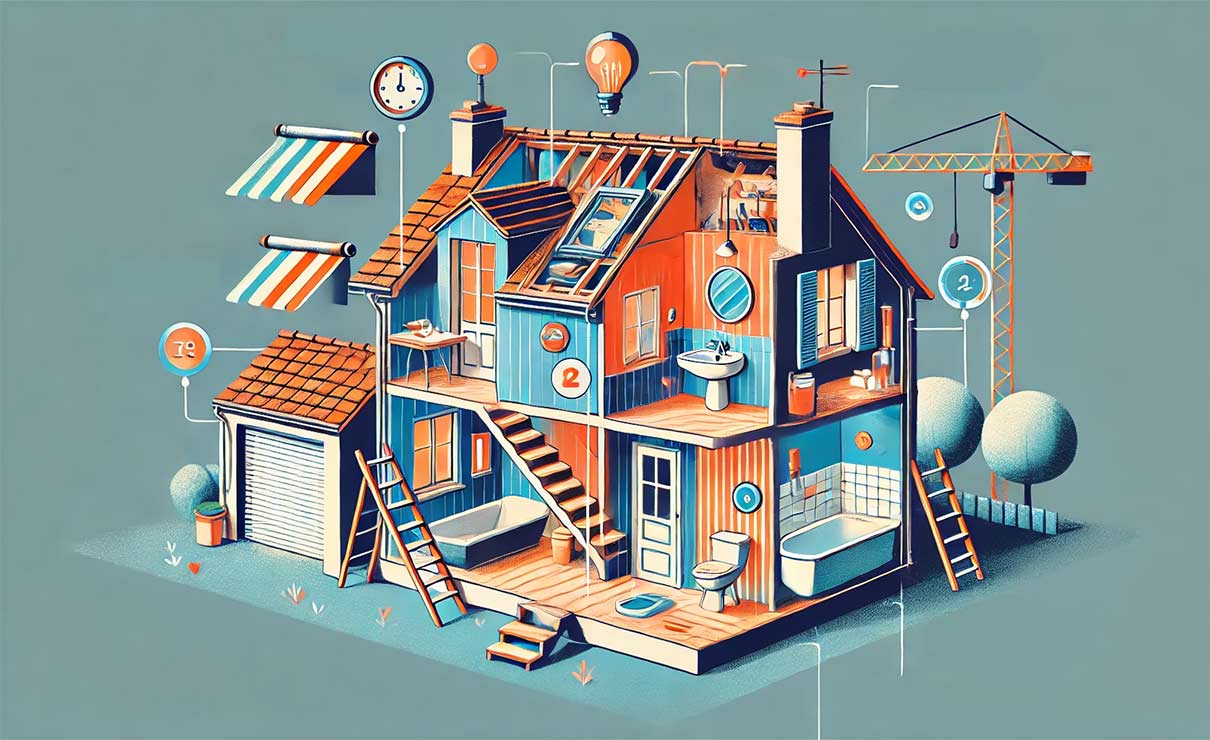Illustration graphique et créative résumant visuellement les coûts et les économies possibles des conversions de grenier. L'image doit montrer une maison française avec un grenier en cours d'aménagement, avec des éléments stylisés indiquant les différentes options de finitions et d'aménagement, telles que la lucarne, la salle de bain, et des alternatives économiques comme la fenêtre de toit