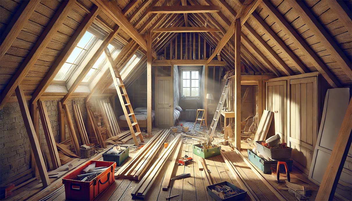  image illustrant la transformation d'un petit espace de combles en une chambre. La scène montre un grenier de taille modeste en cours d'aménagement, avec des travaux de rénovation en cours, comme la pose de cloisons et de fenêtres, l'installation d'un plancher et d'isolation.