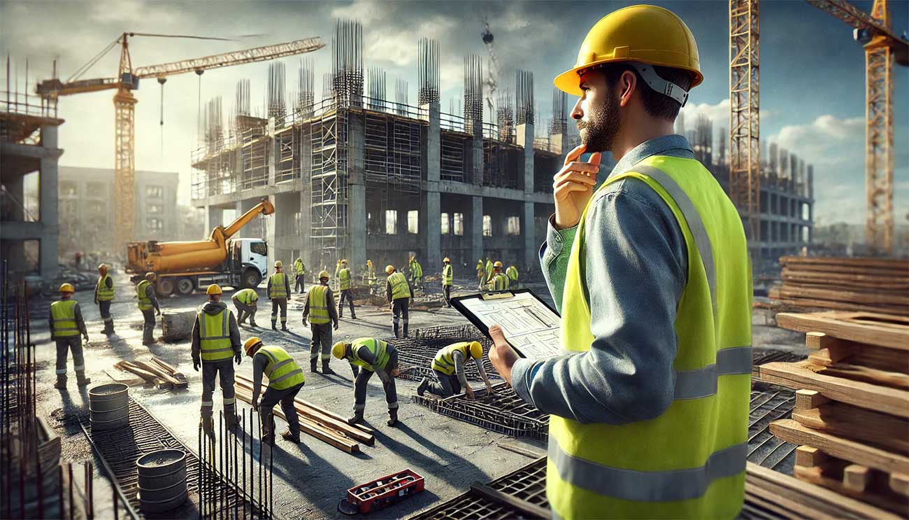 chantier de construction dynamique et réaliste au format paysage. La scène montre un coordinateur de travaux en tenue de sécurité, avec un casque jaune, un gilet réfléchissant et une tablette à la main, supervisant un site en pleine activité. Des ouvriers travaillent sur différents aspects de la construction : levage de matériaux, installation de murs et inspection des structures. L'arrière-plan montre des grues, des échafaudages et des bâtiments en construction, sous un ciel dégagé.