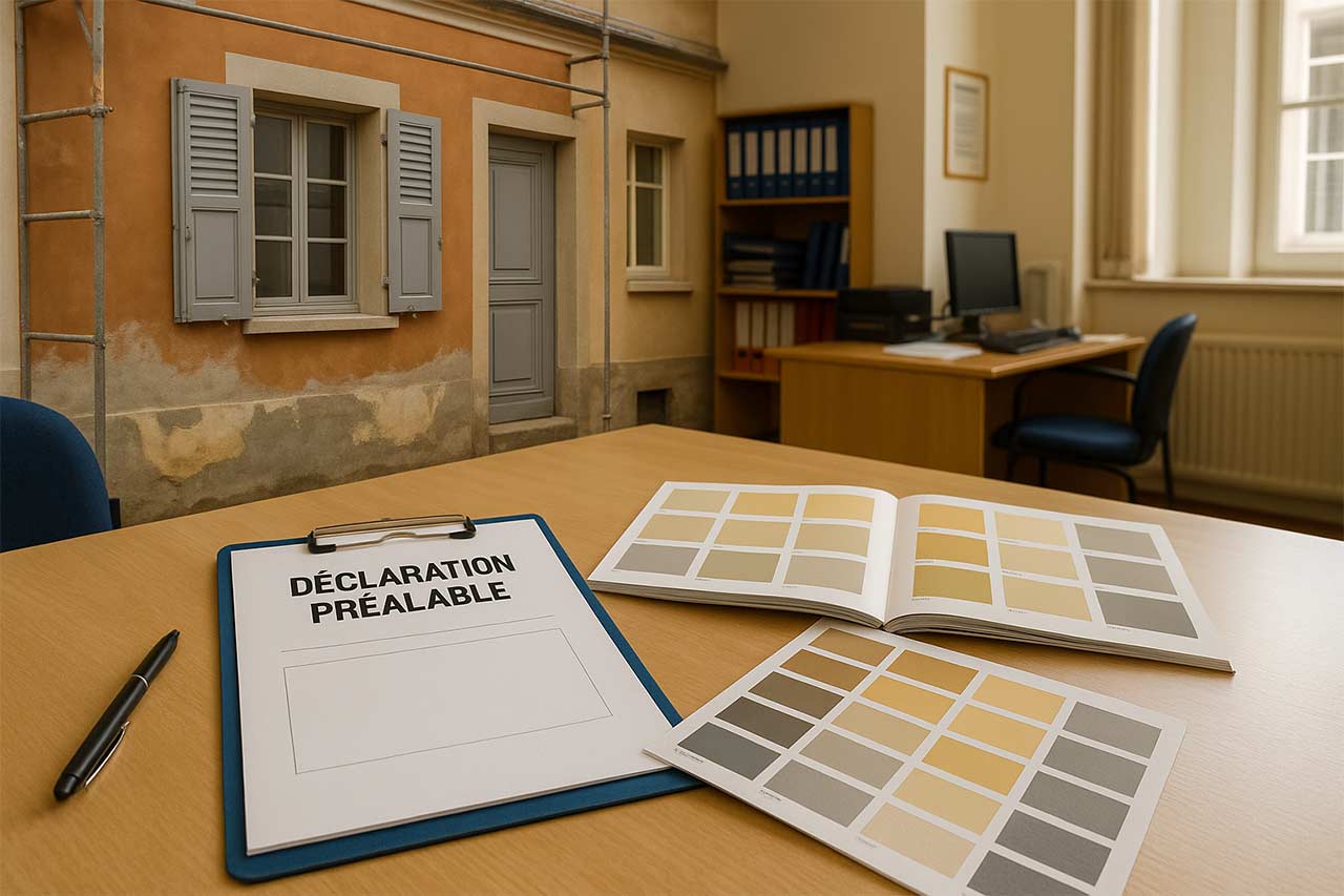 visuel d'une déclaration préalable dans un bureau de mairie avec un nuancier de couleurs sur la table