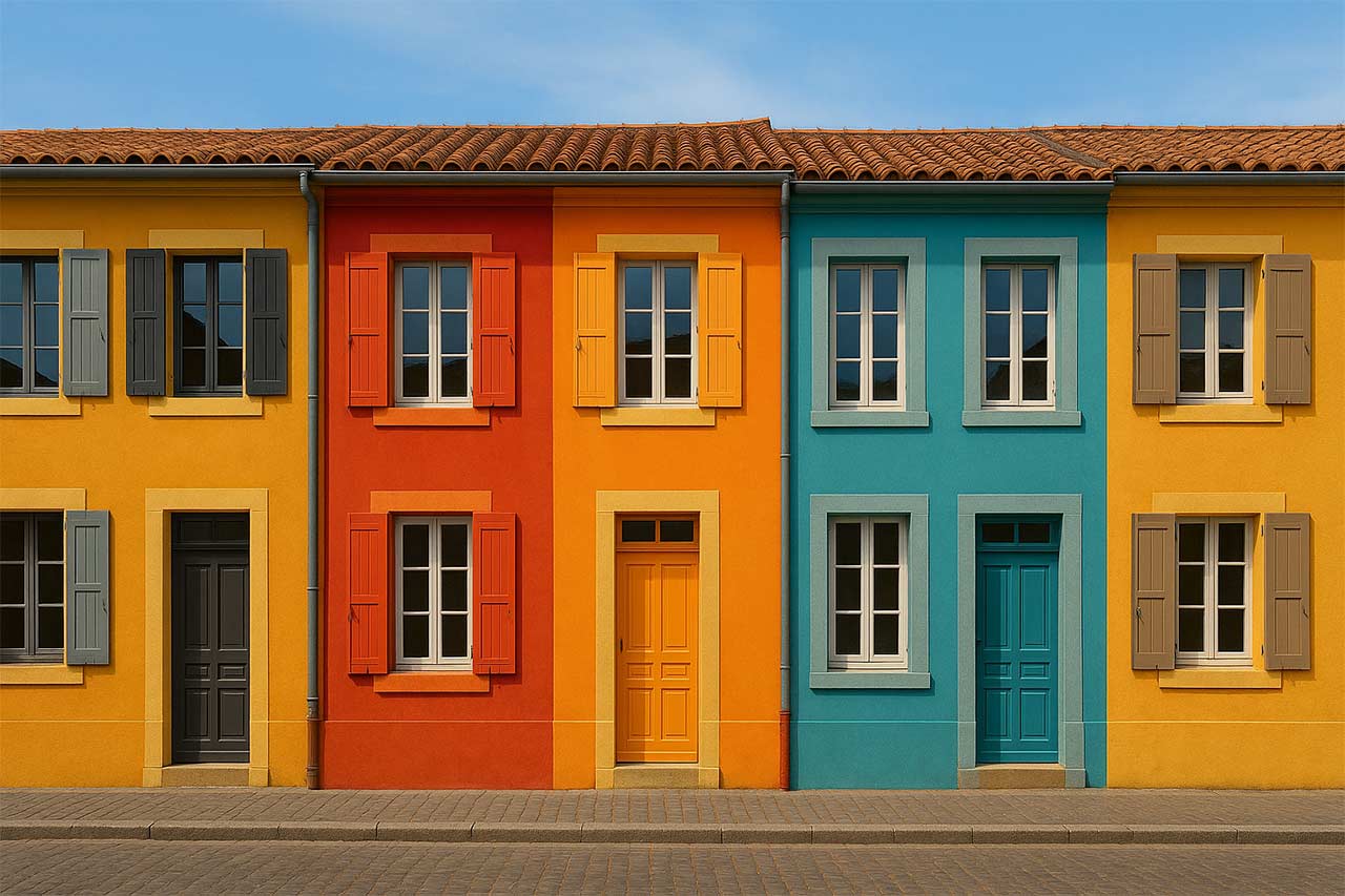 Visuel coloré et percutant montrant des façades harmonisées dans des tons ocres, bleus et oranges, esprit tendance automne