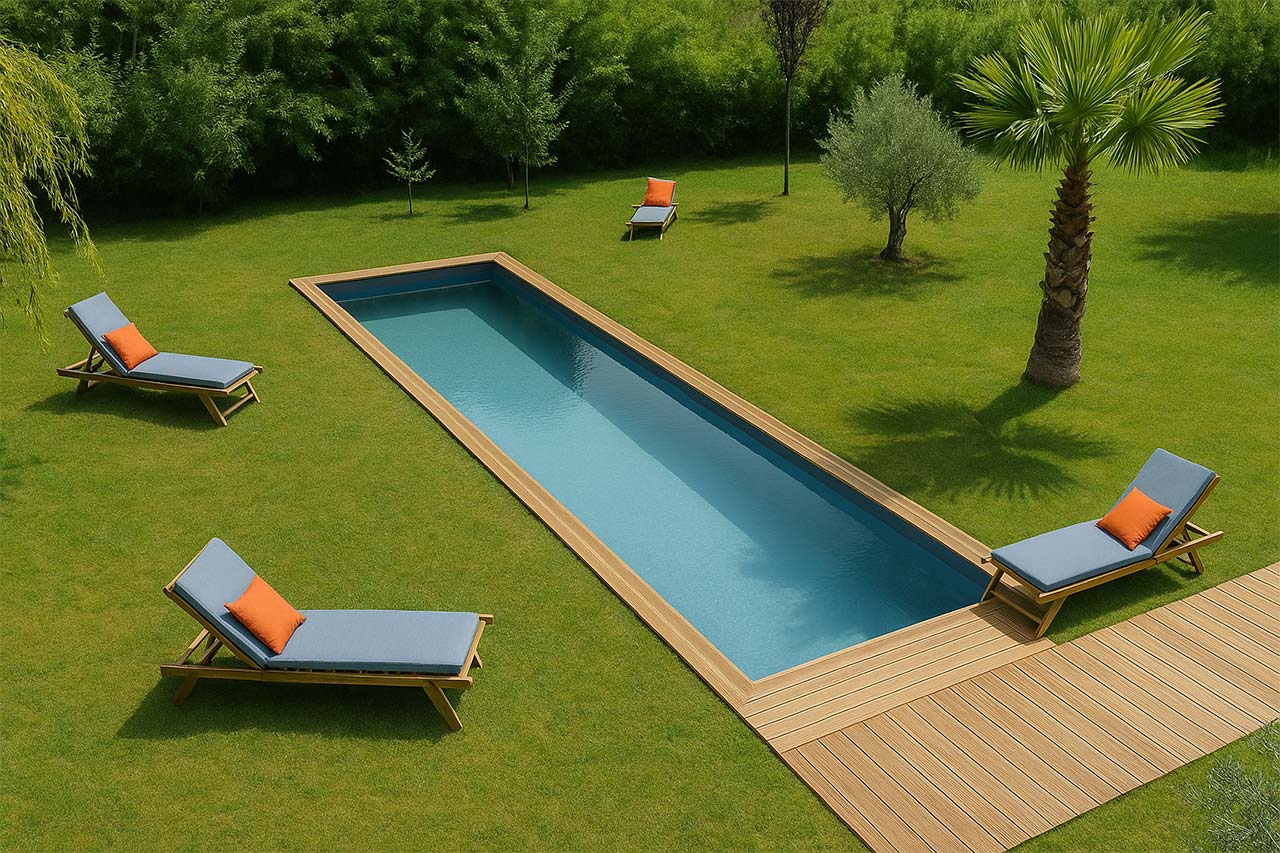 Photographie haute résolution d’un jardin verdoyant avec une piscine rectangulaire encadrée de bois, sans maison ni terrasse visible. Trois transats au tissu bleu-gris et coussins orange sont disposés autour du bassin, sur une pelouse bien entretenue. À l’arrière-plan, des arbres ornementaux — dont un palmier et un olivier — ponctuent la scène, créant une ambiance paisible et épurée.