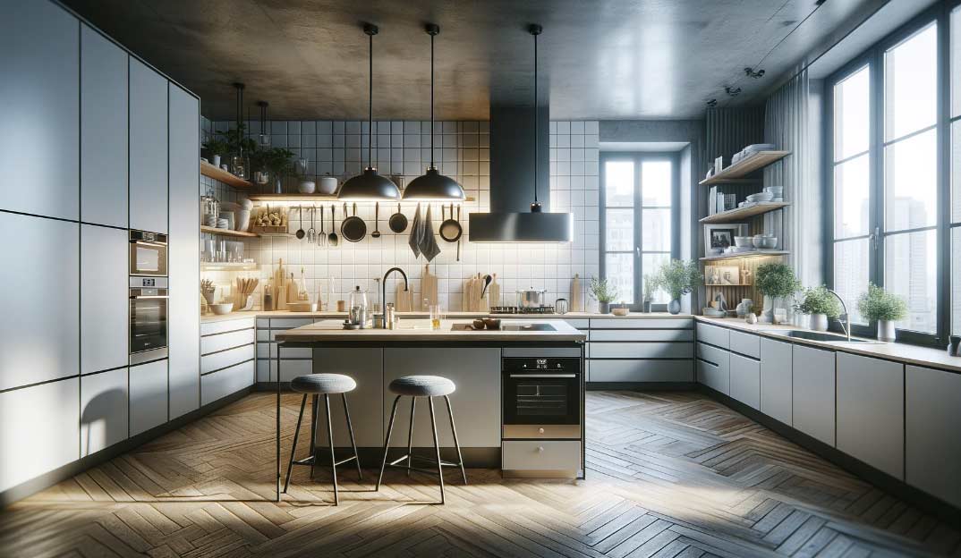visuel d'une cuisine avec des caissons de cuisine fonctionnels et esthétiques, l'importance de la solidité et de la qualité des matériaux, et l'aspect pratique et élégant des solutions en kit