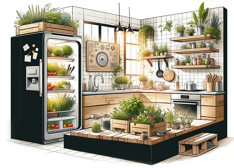 cuisine moderne avec des plans de travail en pierre naturelle et des éléments en bois recyclé. Des équipements énergétiquement efficaces, comme un réfrigérateur à faible consommation et une cuisinière solaire, sont visibles. Des herbes et des légumes poussent dans un petit jardin intérieur