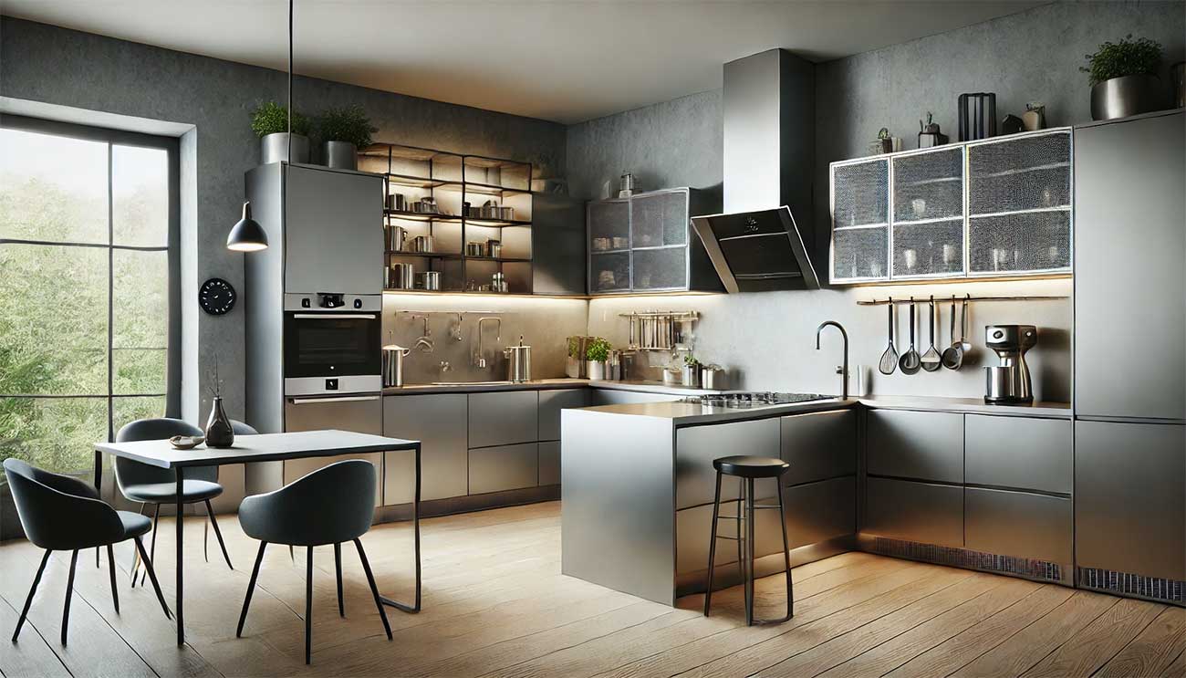 cuisine moderne tout en inox, avec des meubles et un plan de travail en acier inoxydable, une hotte intégrée et une ambiance minimaliste et professionnelle, éclairage LED intégré