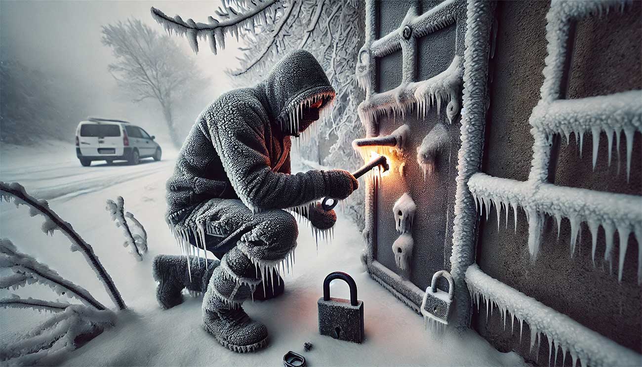 scène hivernale réaliste montrant une personne essayant de dégeler une serrure gelée. La porte en métal est partiellement couverte de givre, et l'environnement extérieur montre des éléments typiques de l'hiver, tels que de la neige sur le sol et des branches d'arbres nues. La personne utilise un briquet pour chauffer une clé
