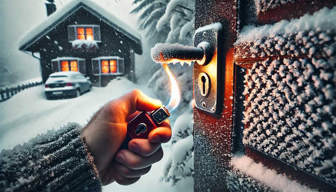 scène où une main tient un briquet allumé sous une clé insérée dans une serrure, sur la porte d'une maison en hiver, entourée de neige et de givre. Le focus est sur l'action de dégeler la serrure en utilisant la chaleur, avec une atmosphère hivernale réaliste.