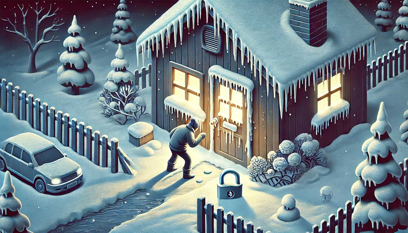 Illustration isométrique montrant une scène hivernale : une maison enneigée avec une personne devant une porte, visiblement en train de résoudre un problème avec une serrure gelée.