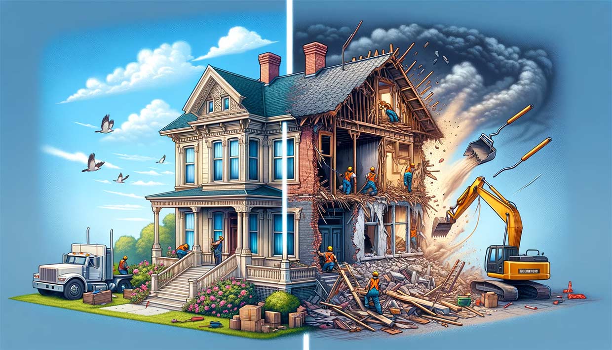 scénario en deux parties pour résumer le concept de rénovation ou de démolition d'un bâtiment. Sur le côté gauche, une représentation détaillée et réaliste d'une maison ancienne et charmante en cours de rénovation complète, avec des ouvriers réparant le toit, repeignant les murs et renforçant la structure. La maison doit présenter des signes visibles d'ancienneté mais aussi de beauté potentielle. À droite, une représentation dynamique de la même maison en cours de démolition, avec une grue de démolition, des débris et des nuages de poussière.