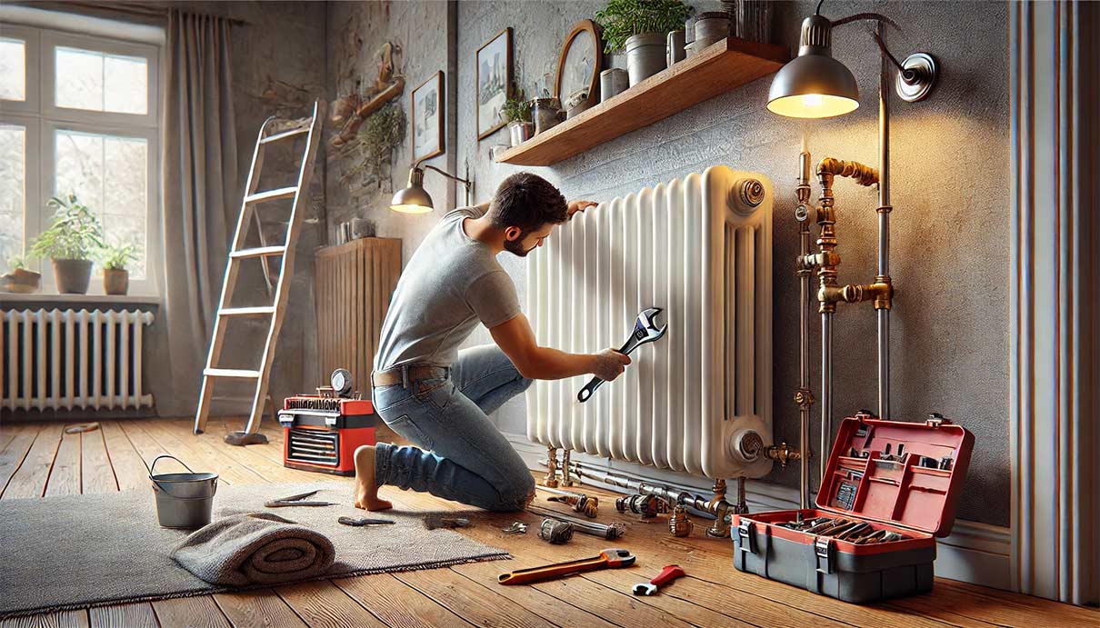 Scène détaillée dans une maison où une personne retire avec précaution un radiateur du mur. Le décor est celui d'un salon confortable et rénové, avec un sol en bois et un éclairage doux. La personne, qui porte des vêtements de bricolage décontractés (un jean et un t-shirt), est agenouillée et utilise une clé à molette pour dévisser une vanne située au bas du radiateur.