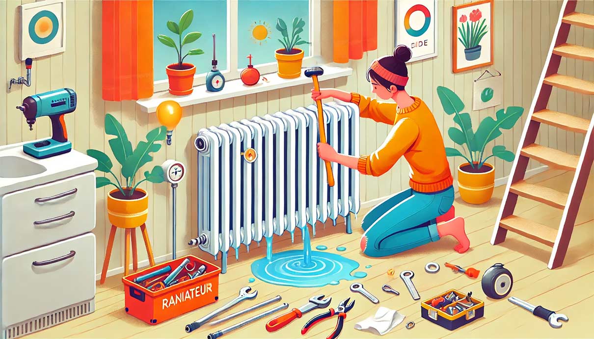 dessin vectoriel d'une femme démontant un radiateur dans un environnement de rénovation de maison. La personne utilise une clé à molette et un seau est placé sous le radiateur pour recueillir l'eau. Les outils comme des pinces, des clés et des serviettes sont dispersés autour de la scène.