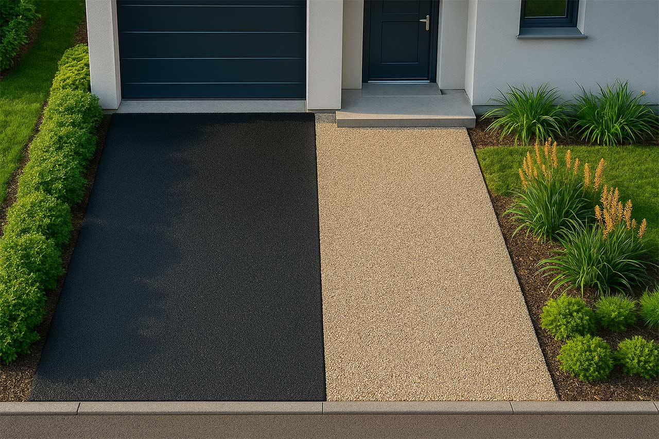 Vue aérienne d’une entrée de maison colorée : moitié rampe enrobé noir, moitié rampe béton désactivé beige, bordures végétalisées