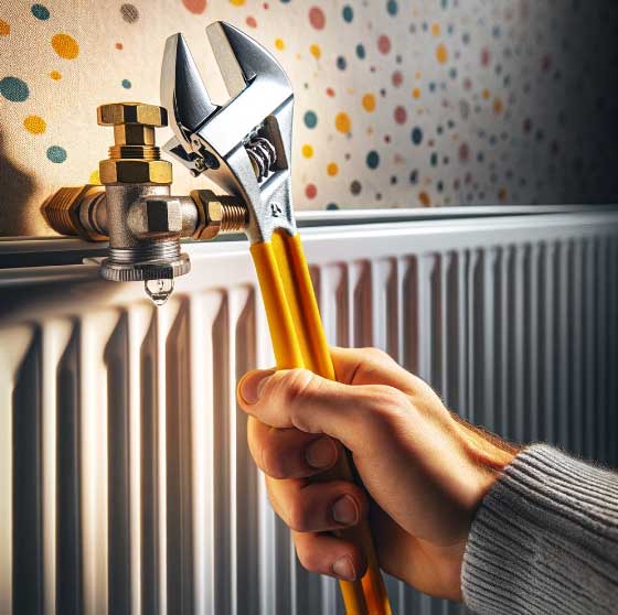 Image en gros plan de la main d'une personne utilisant une clé à molette pour tourner un robinet sur un radiateur blanc. La main est au premier plan, saisissant la clé jaune et argentée qui est serrée sur une valve au bas du radiateur. Le radiateur est blanc et sa façade est texturée avec des stries verticales. Le mur de fond est peint d'un motif ludique de pois multicolores ressemblant à des confettis.